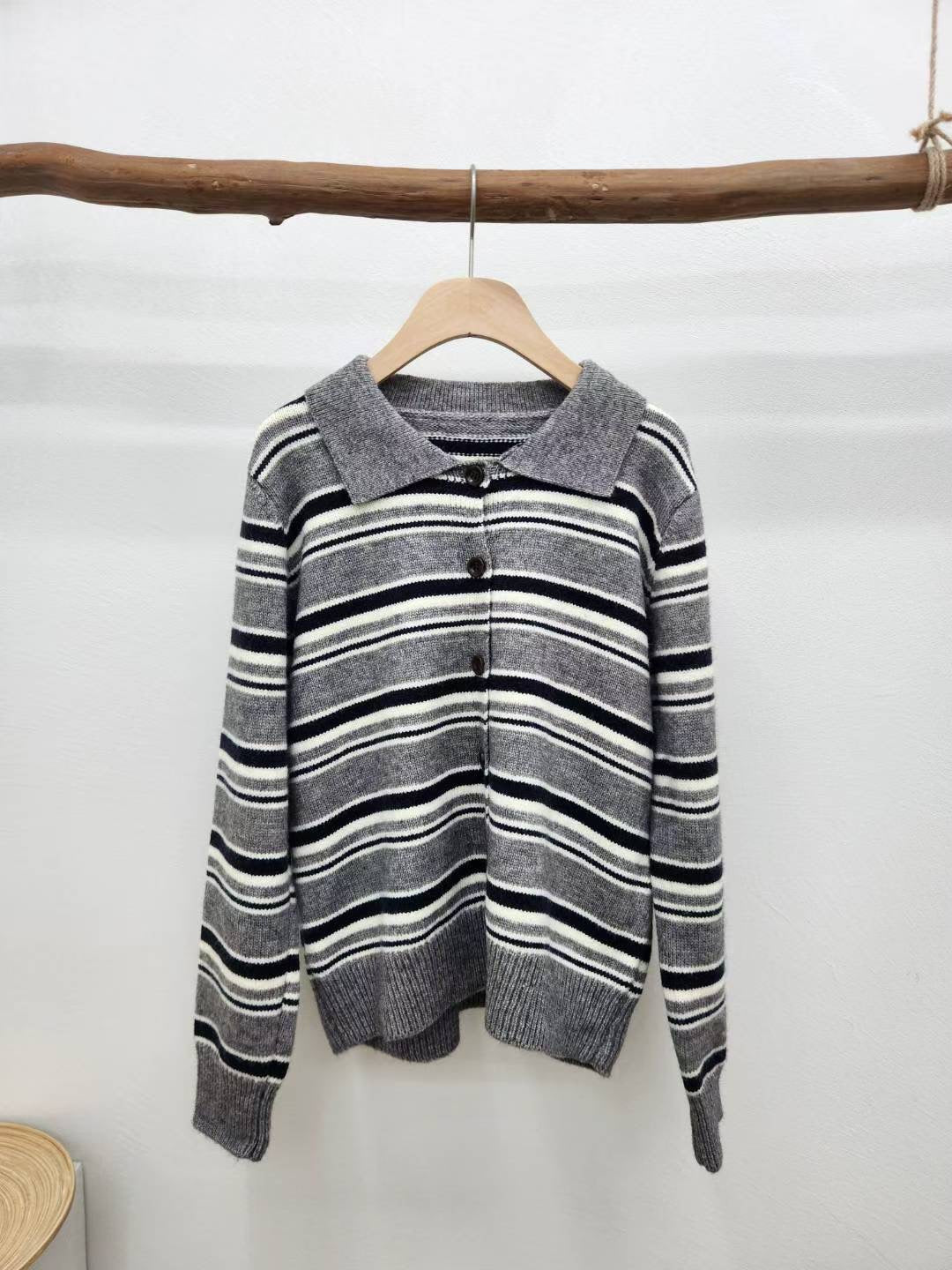 針織翻領條紋鈕扣上衣 *共3色