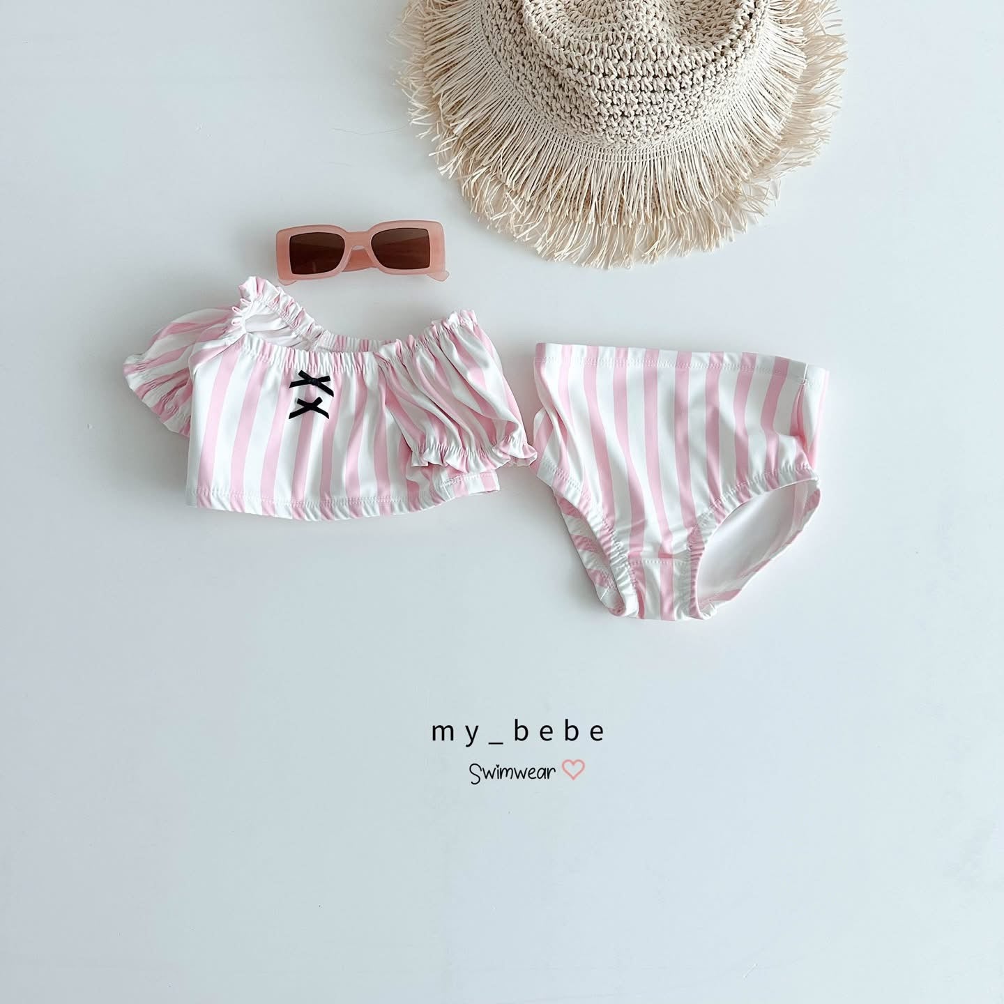 Mybebe 條紋愛心分體泳衣 *含帽 (1-6y)