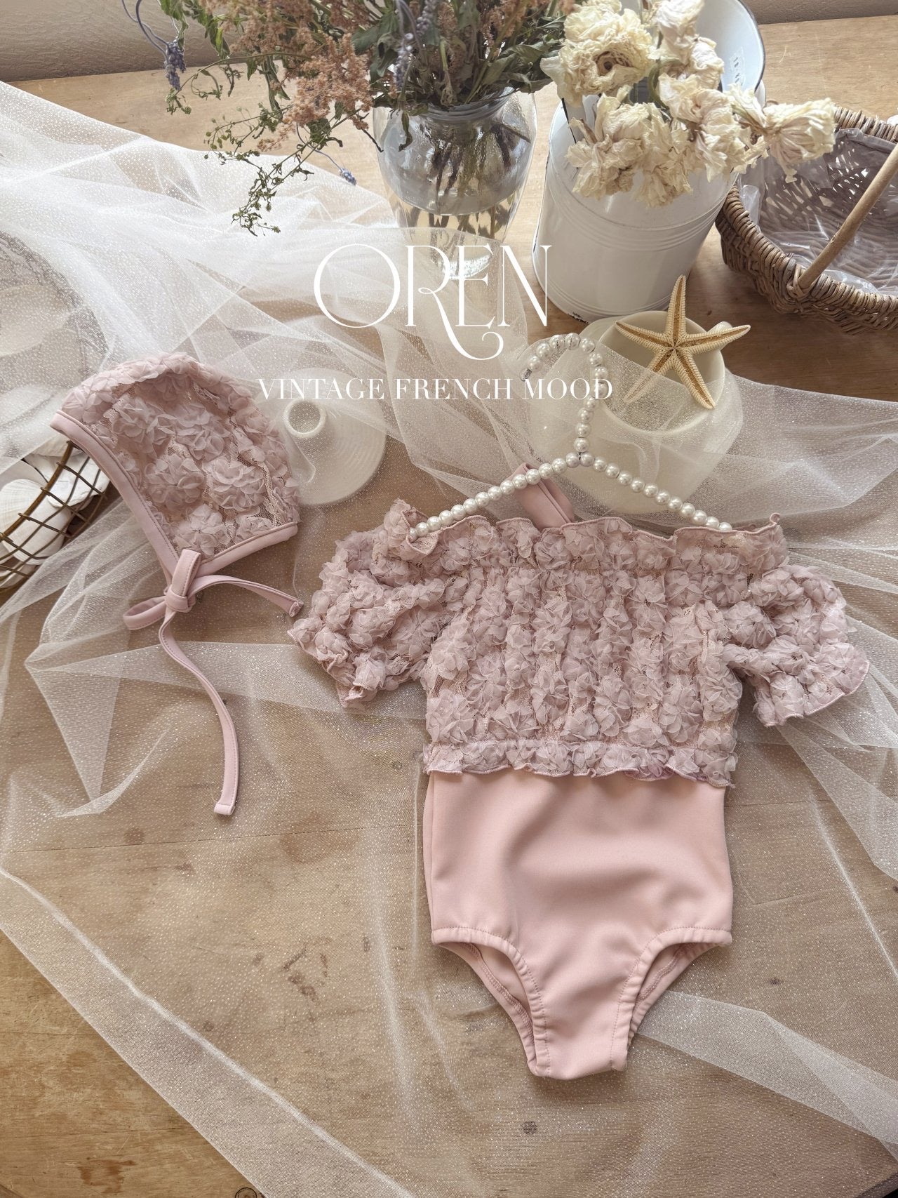 OREN lavender mini rose swimsuit bonnet set (75-100cm)