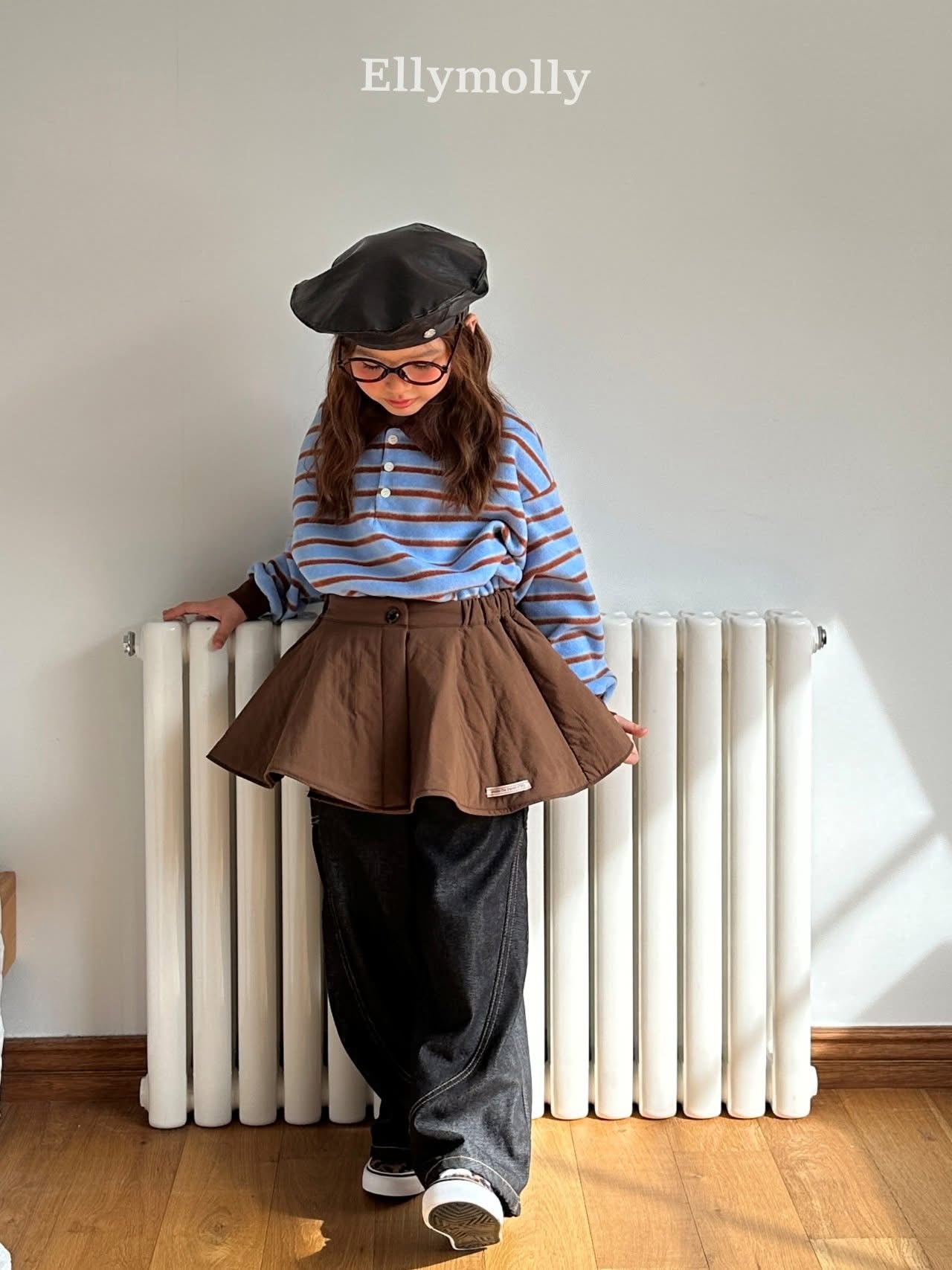 EllyMolly 咖色條紋翻領絨面上衣 (90-160cm)