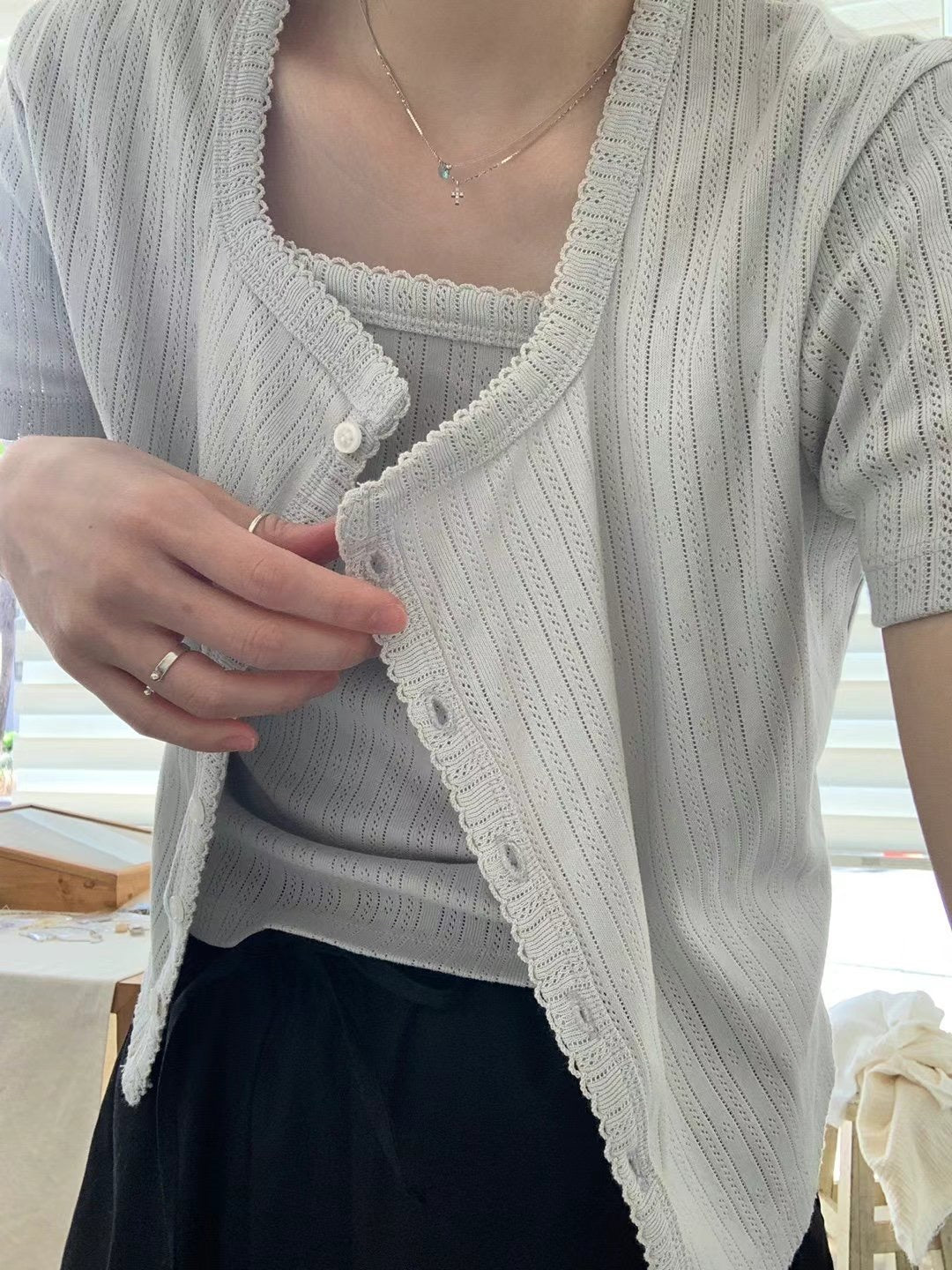 小波浪邊暗花吊帶x短袖外套set *共3色