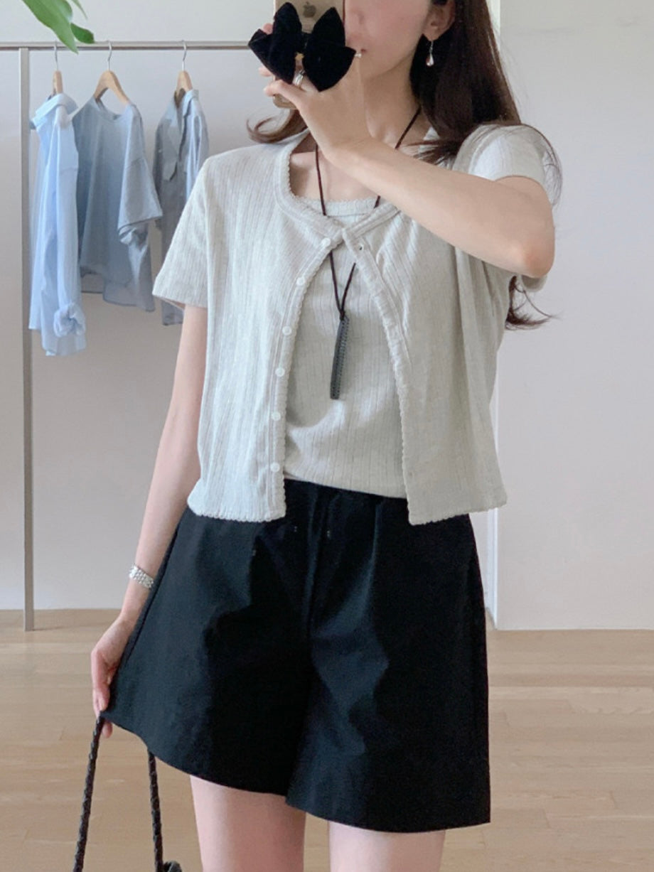 小波浪邊暗花吊帶x短袖外套set *共3色