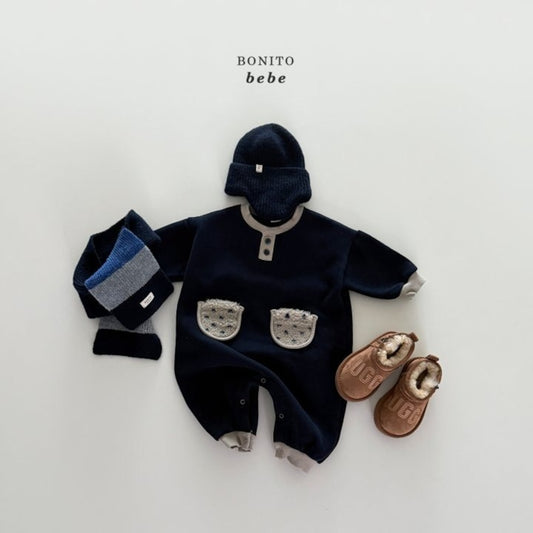 Bonito color block tumble pocket rompers (3-18m)