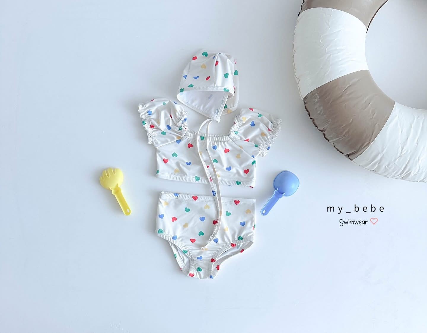 Mybebe 條紋愛心分體泳衣 *含帽 (1-6y)