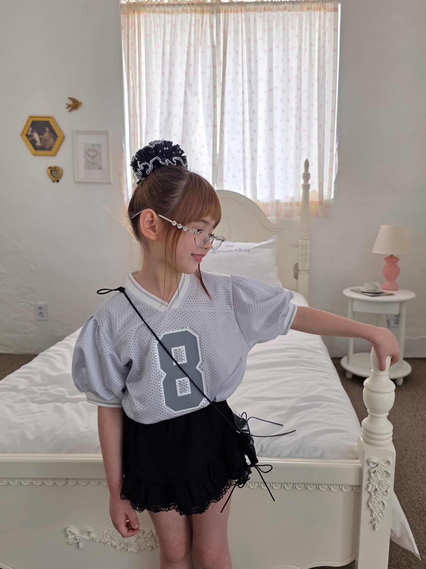 ELLYMOLLY mesh puff v neck t-shirt (90-145cm)