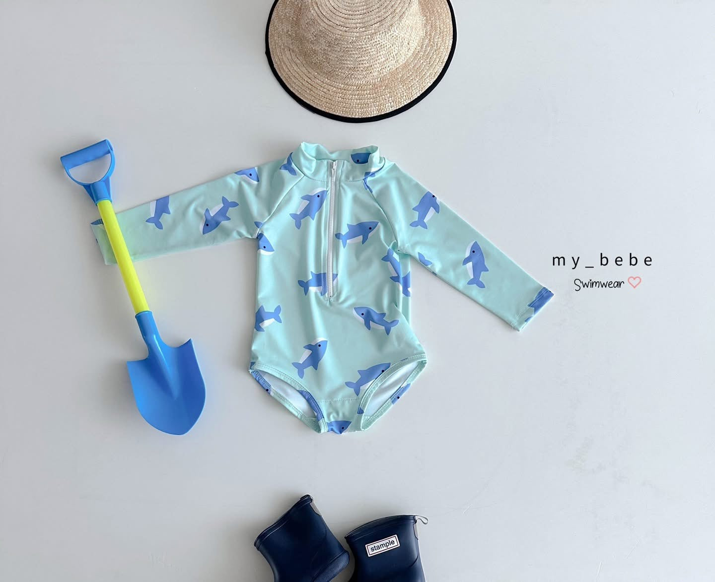 Mybebe 海豚愛心防曬泳衣 *含帽子(1-6y)