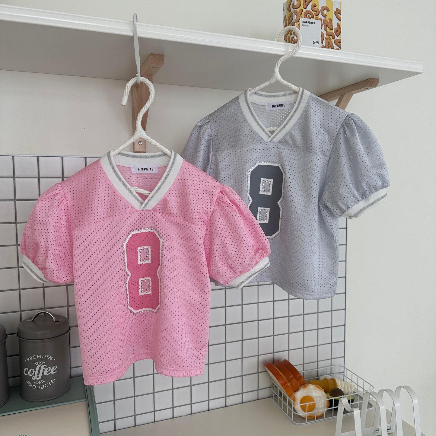 ELLYMOLLY mesh puff v neck t-shirt (90-145cm)