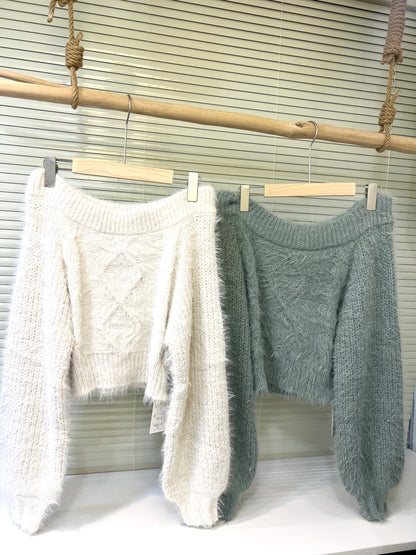 一字肩毛毛上衣