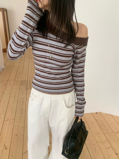 簡約斜肩條紋top *共2色