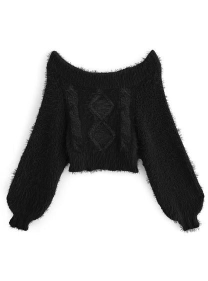 一字肩毛毛上衣