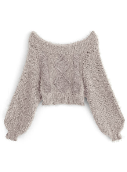 一字肩毛毛上衣