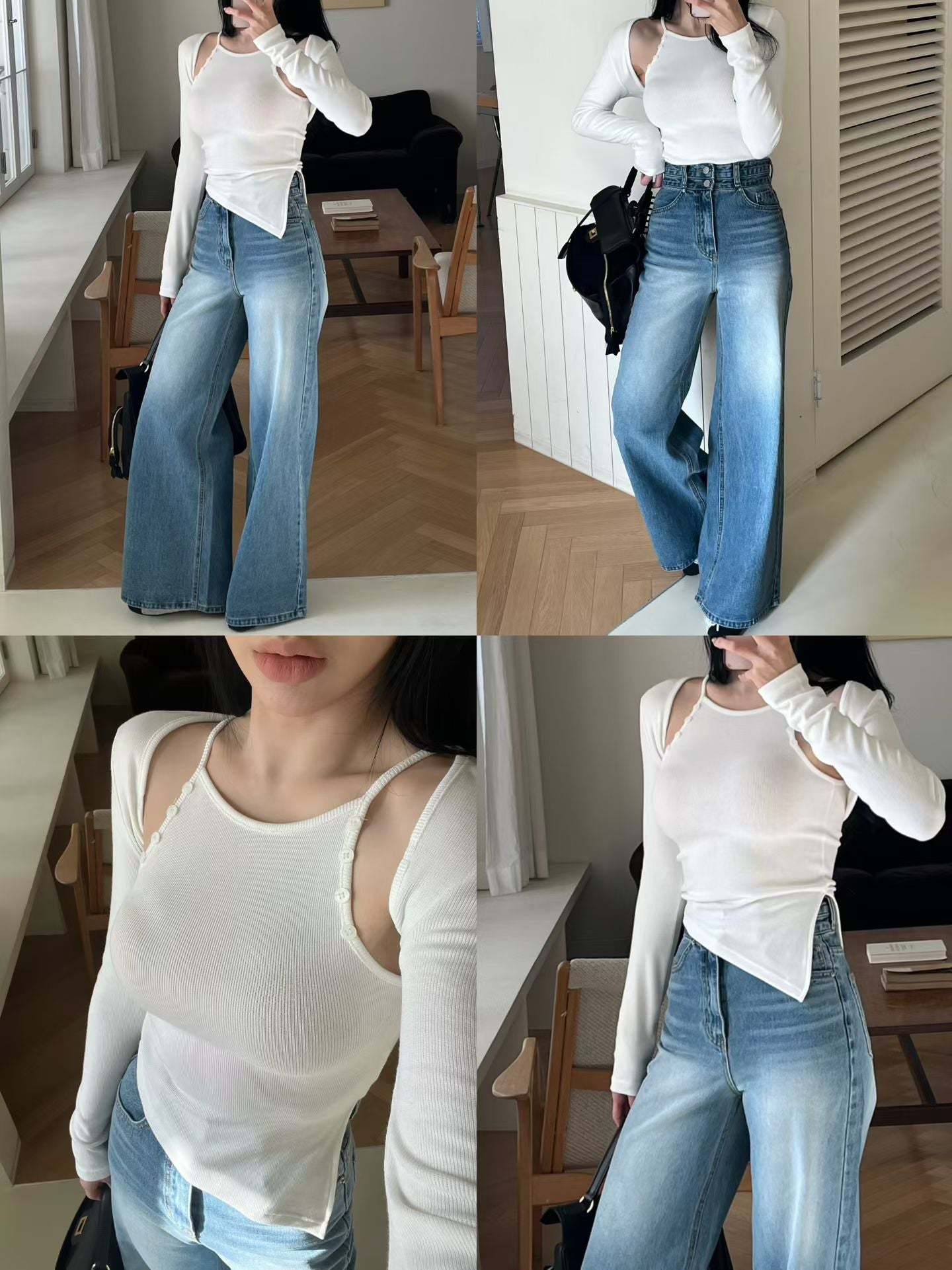 雙鈕扣高腰顯瘦腿長牛仔褲 *共3色