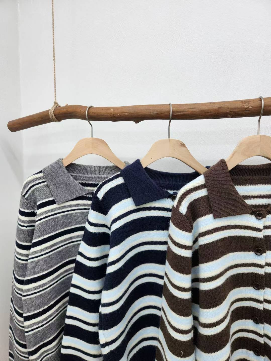 針織翻領條紋鈕扣上衣 *共3色