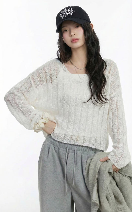 透薄縷空長袖針織上衣 *共4色