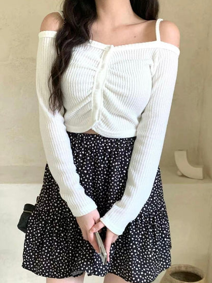 露肩吊帶排扣短款上衣