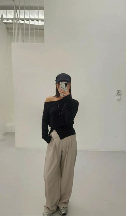 超柔軟露肩鈕扣開叉top