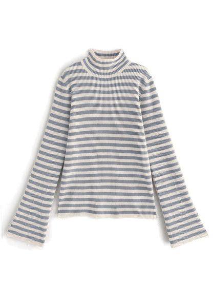 條紋彈性喇叭袖上衣