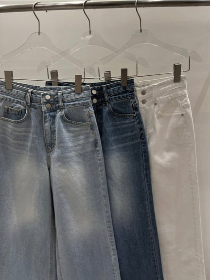 雙鈕扣高腰顯瘦腿長牛仔褲 *共3色