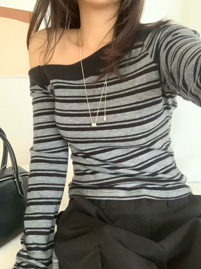 簡約斜肩條紋top *共2色