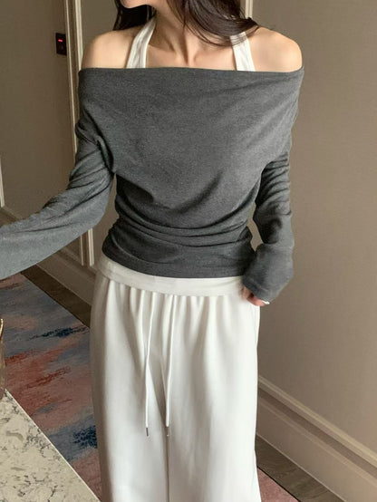 柔軟彈性假兩件掛頸top *共3色