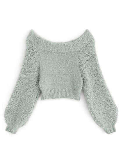 一字肩毛毛上衣