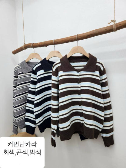 針織翻領條紋鈕扣上衣 *共3色