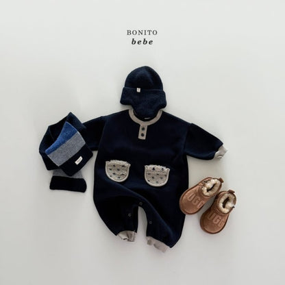 Bonito color block tumble pocket rompers (3-18m)