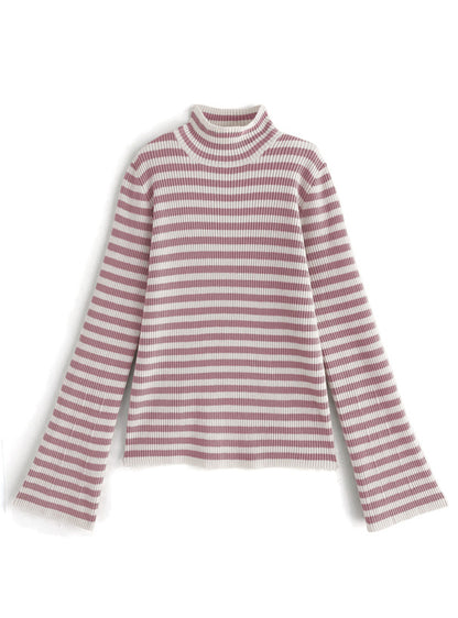 條紋彈性喇叭袖上衣