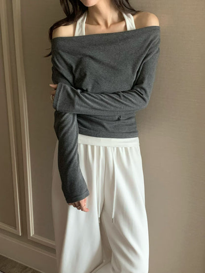 柔軟彈性假兩件掛頸top *共3色