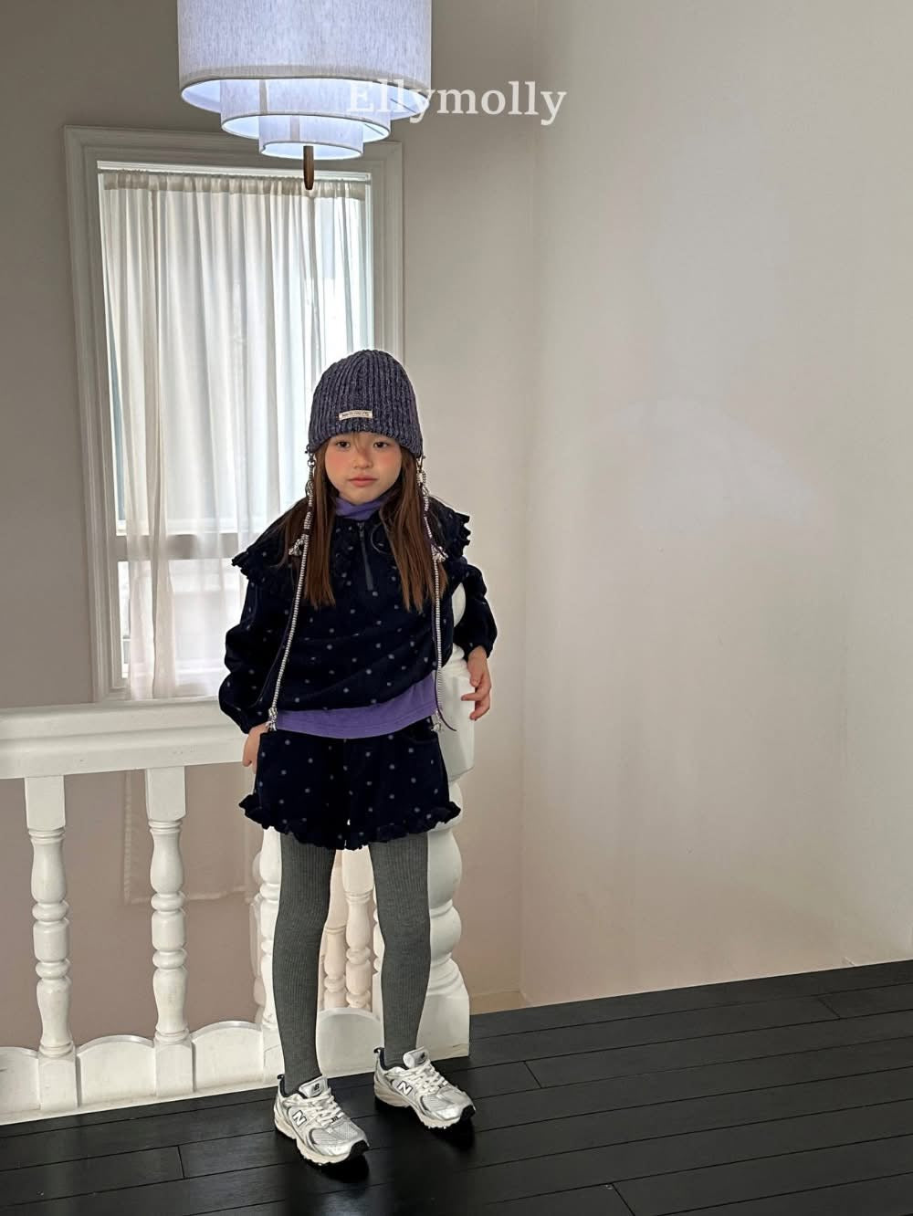 EllyMolly 撞色點點荷葉絨拉鍊上衣 (90-145cm)