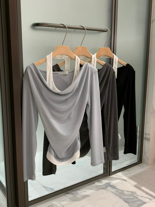 柔軟彈性假兩件掛頸top *共3色