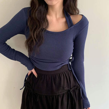 甜酷掛頸側綁蠅上衣