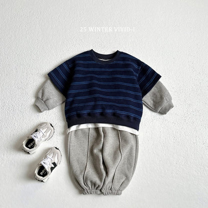 Vivid 藍灰條紋假兩件上衣 (75–135cm)
