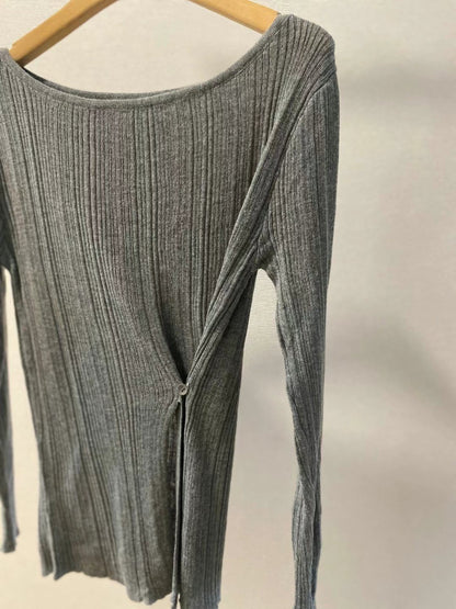 超顯瘦坑條鈕扣開叉針織上衣