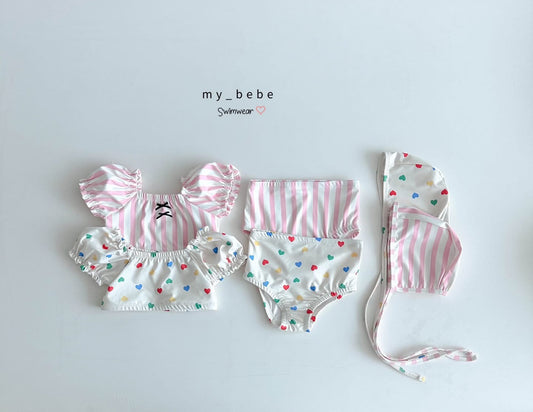 Mybebe 條紋愛心分體泳衣 *含帽 (1-6y)