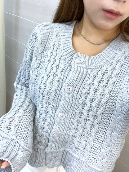 霧藍圓領針織花紋開衫外套