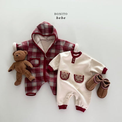 Bonito color block tumble pocket rompers (3-18m)