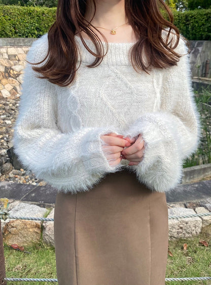 一字肩毛毛上衣