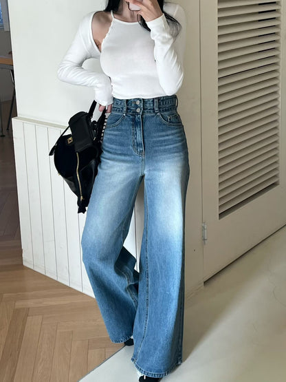 雙鈕扣高腰顯瘦腿長牛仔褲 *共3色