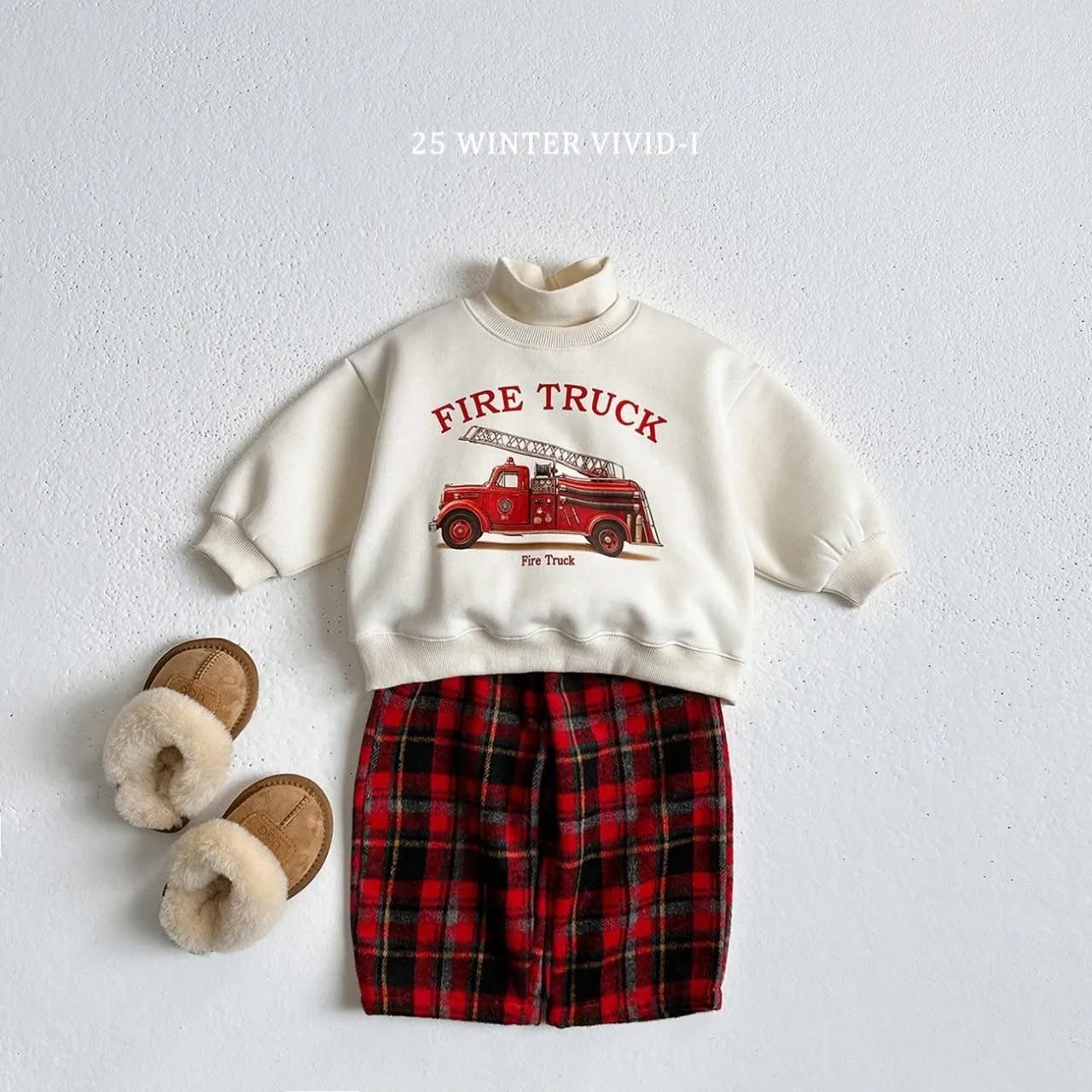 Vivid 復古格紋刺繡小熊直筒褲 (75-135cm)