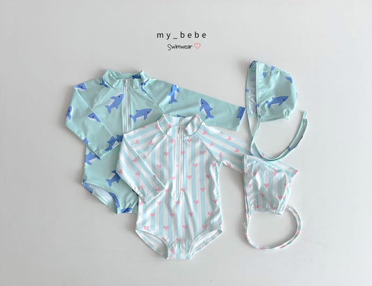 Mybebe 海豚愛心防曬泳衣 *含帽子(1-6y)