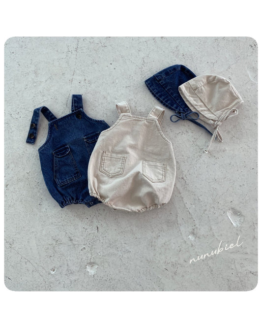 nunubiel pocket denim romper& bonnet (3-18m)