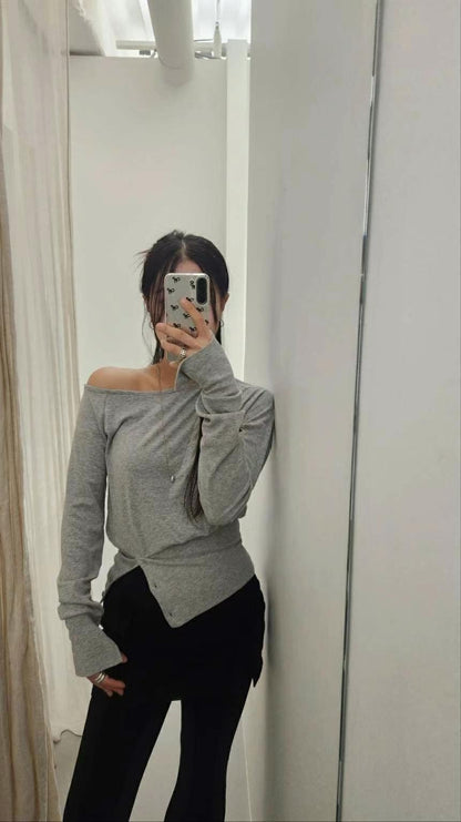 超柔軟露肩鈕扣開叉top