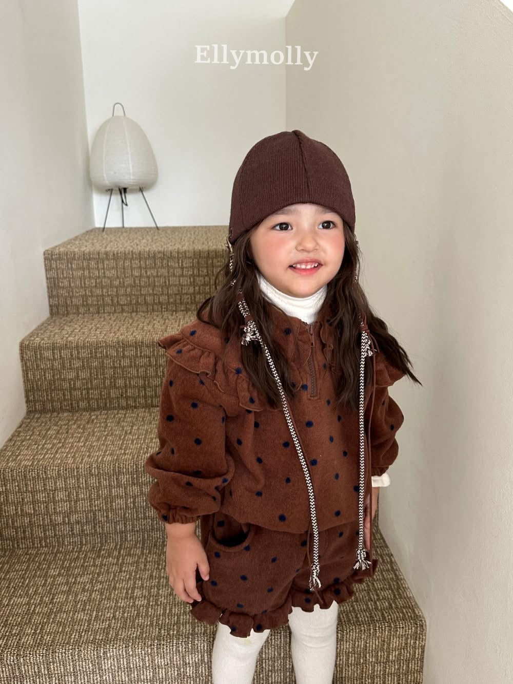 EllyMolly 撞色點點荷葉絨拉鍊上衣 (90-145cm)