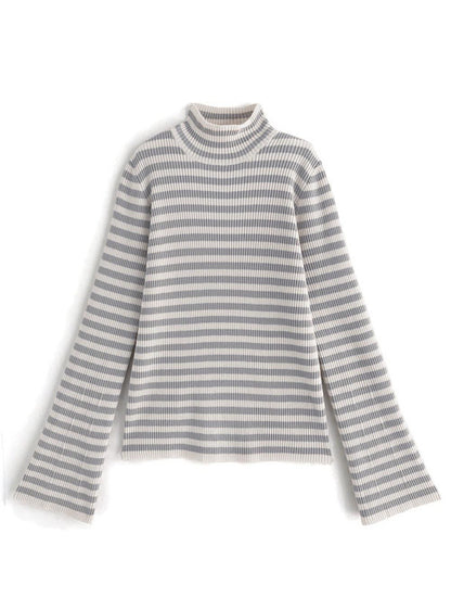 條紋彈性喇叭袖上衣