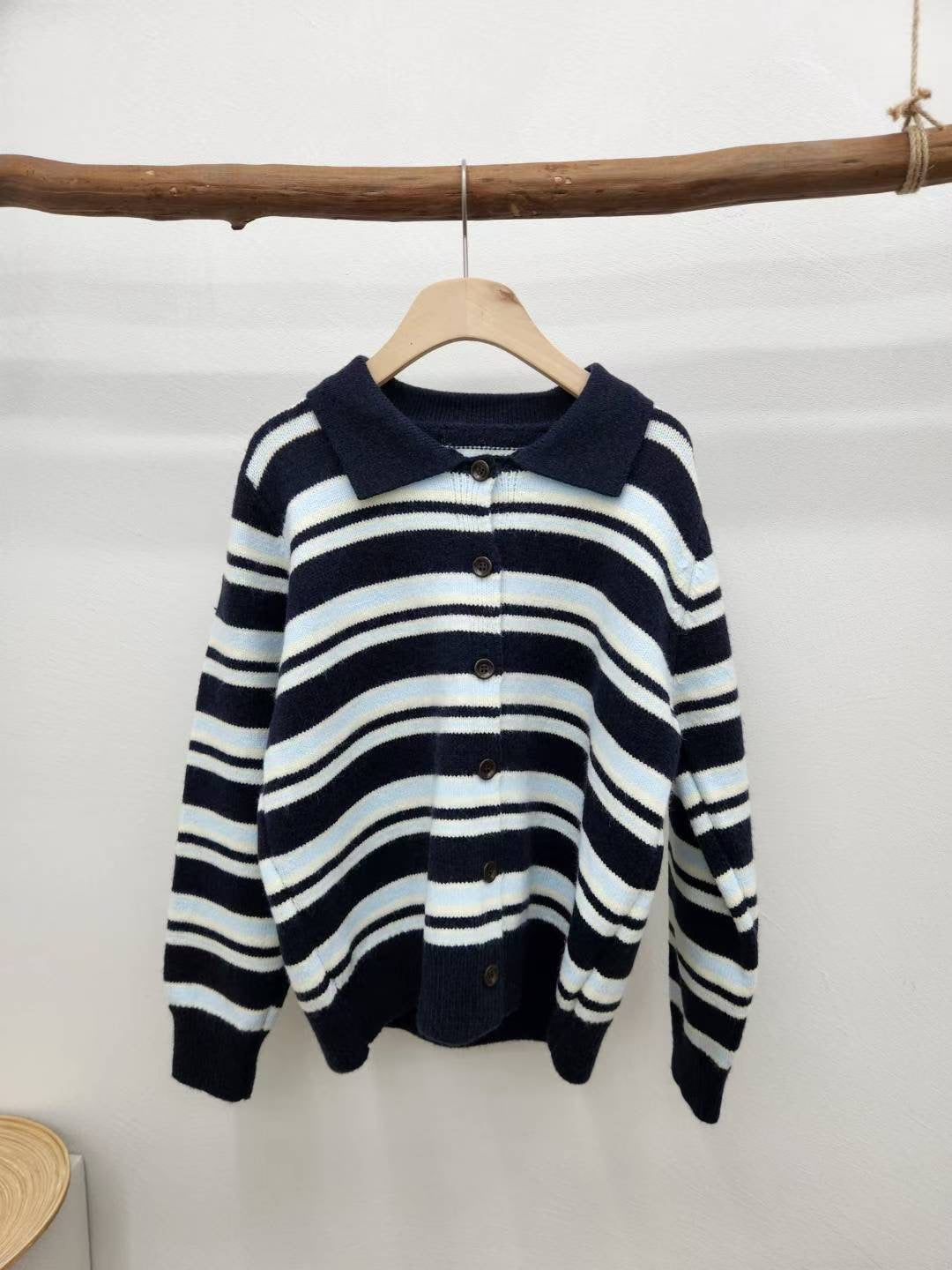 針織翻領條紋鈕扣上衣 *共3色