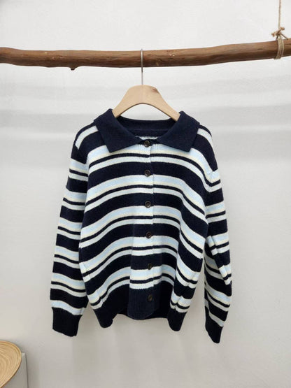 針織翻領條紋鈕扣上衣 *共3色