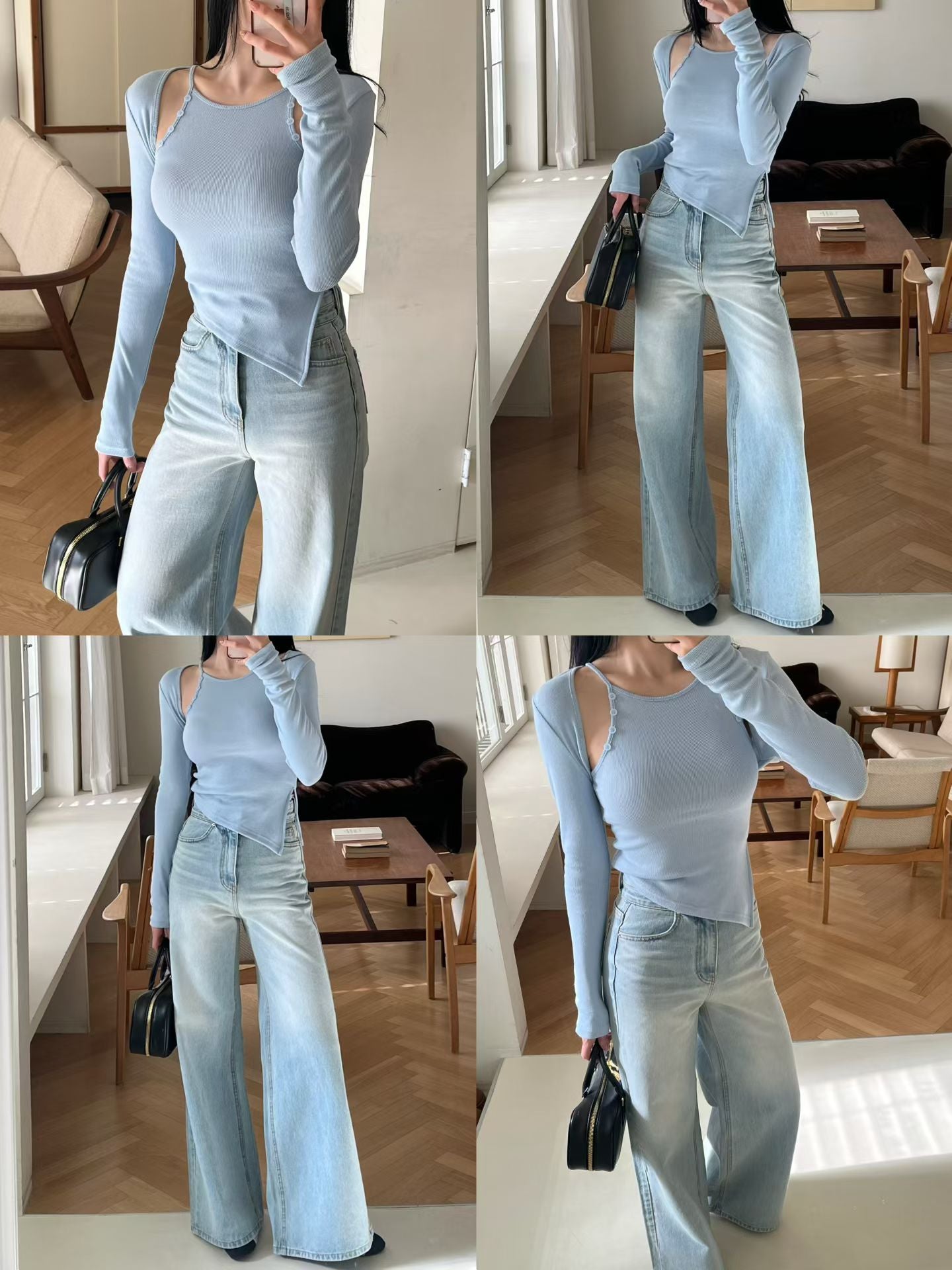 雙鈕扣高腰顯瘦腿長牛仔褲 *共3色