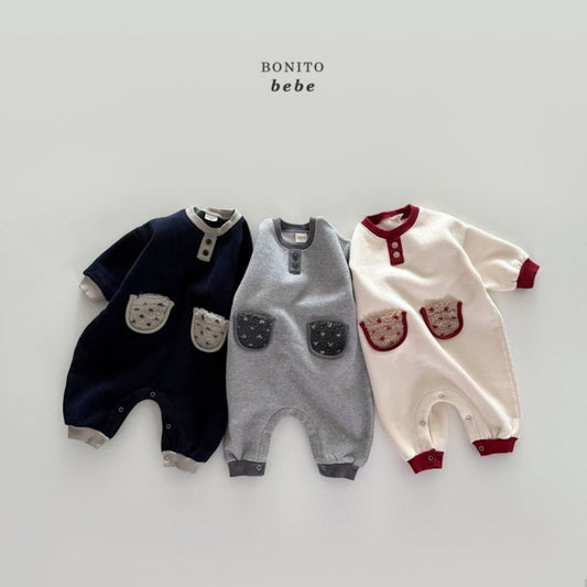Bonito color block tumble pocket rompers (3-18m)