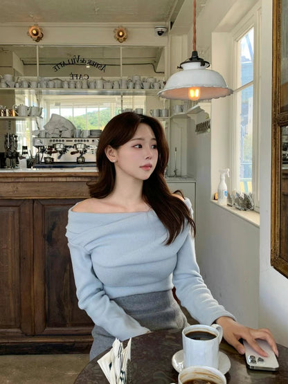 皺皺顯身材一字肩上衣